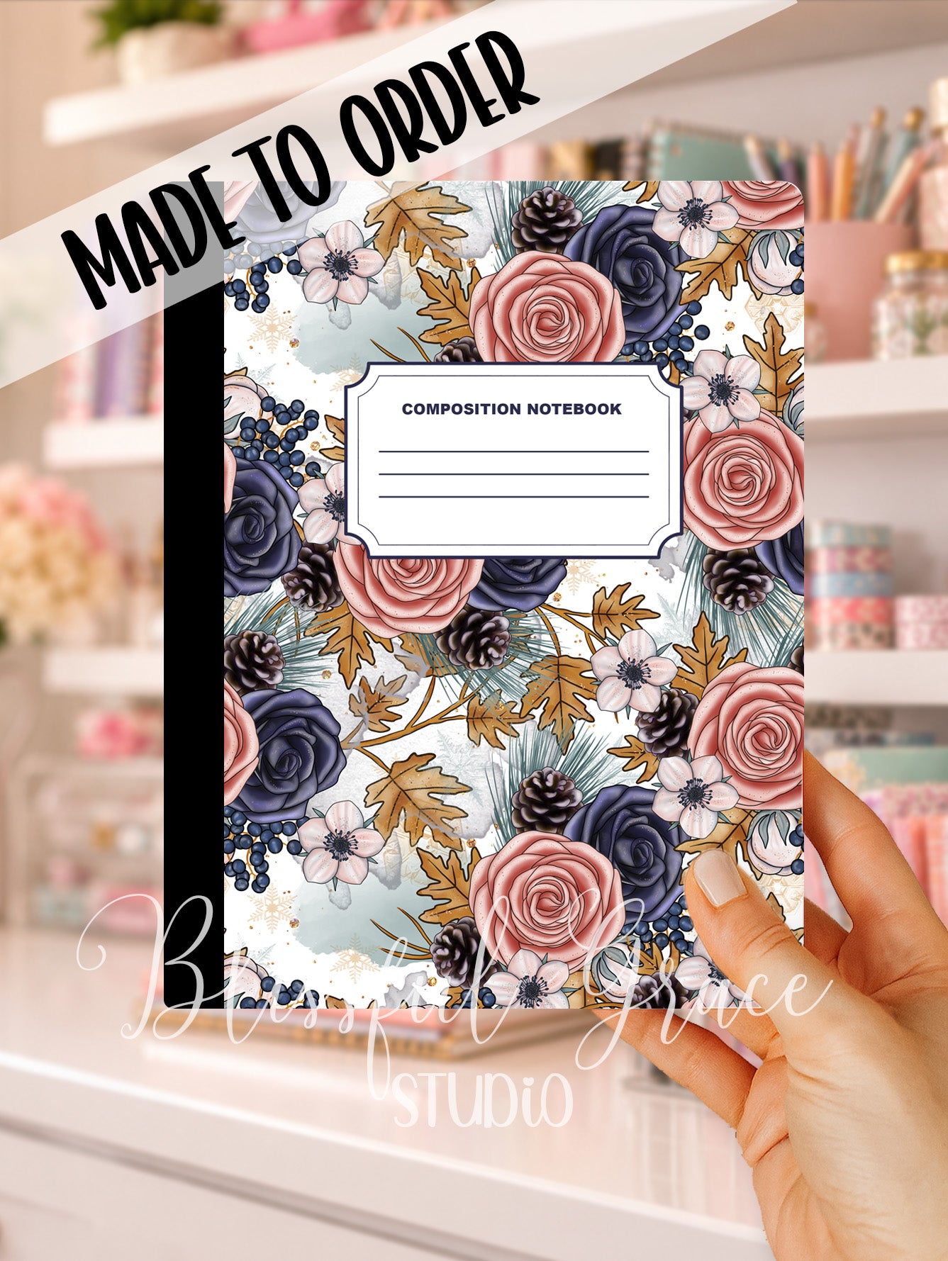 Navy Blush Floral Composition Notebook