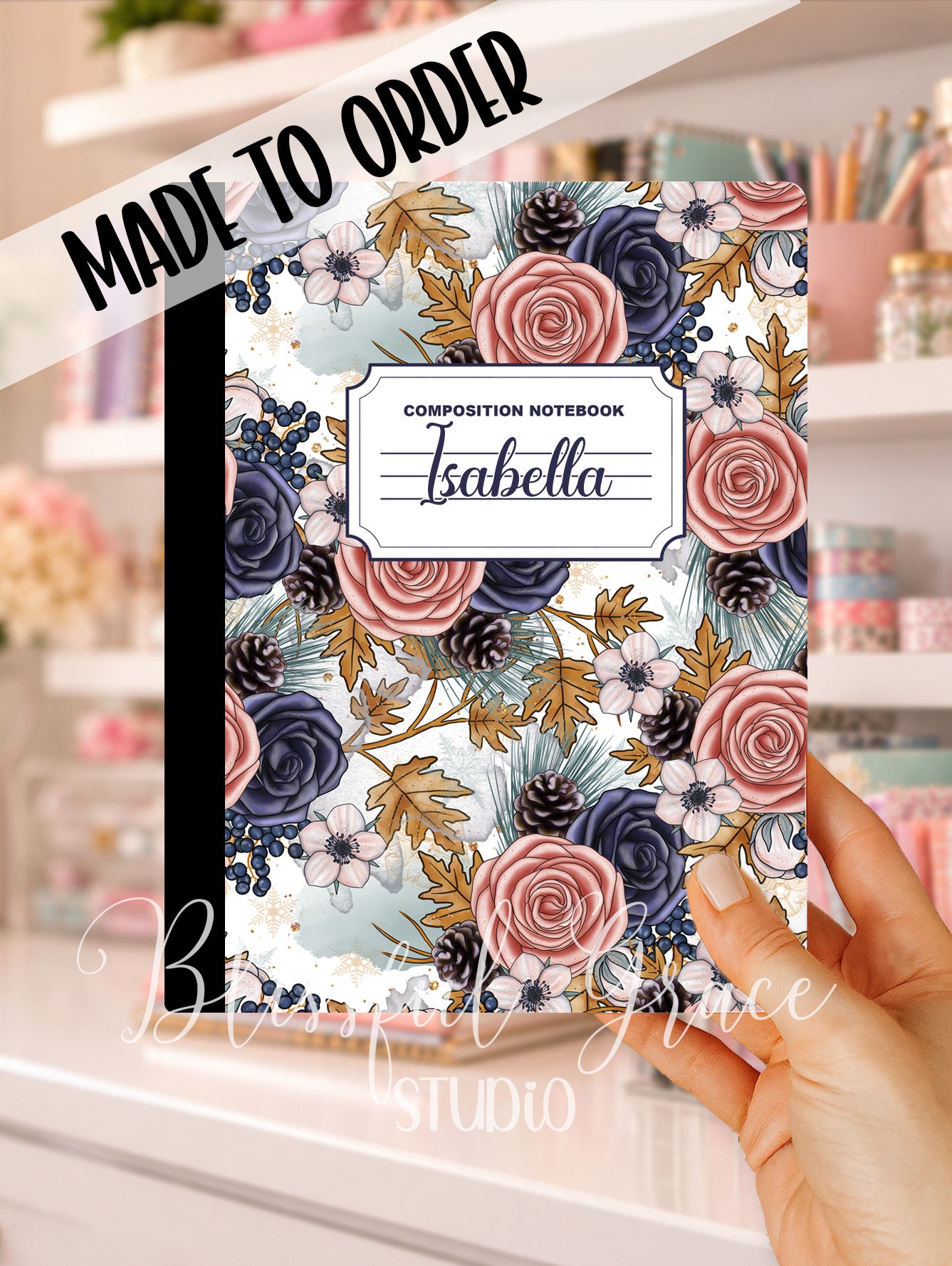 Navy Blush Floral Composition Notebook